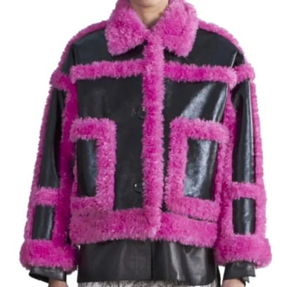 Stand Studio Fay Short in Black and Pink Faux Fur Coat - Picture 2 of 7